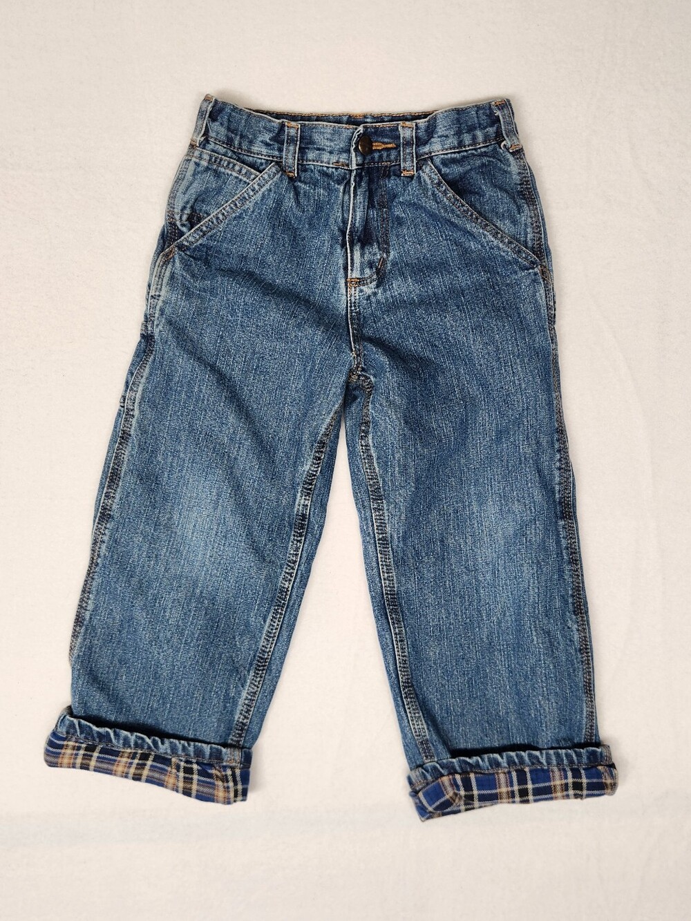 Carhartt Boys Sz 5 Adjustable Waist Carpenter Jeans Durable Plaid Lined Utility